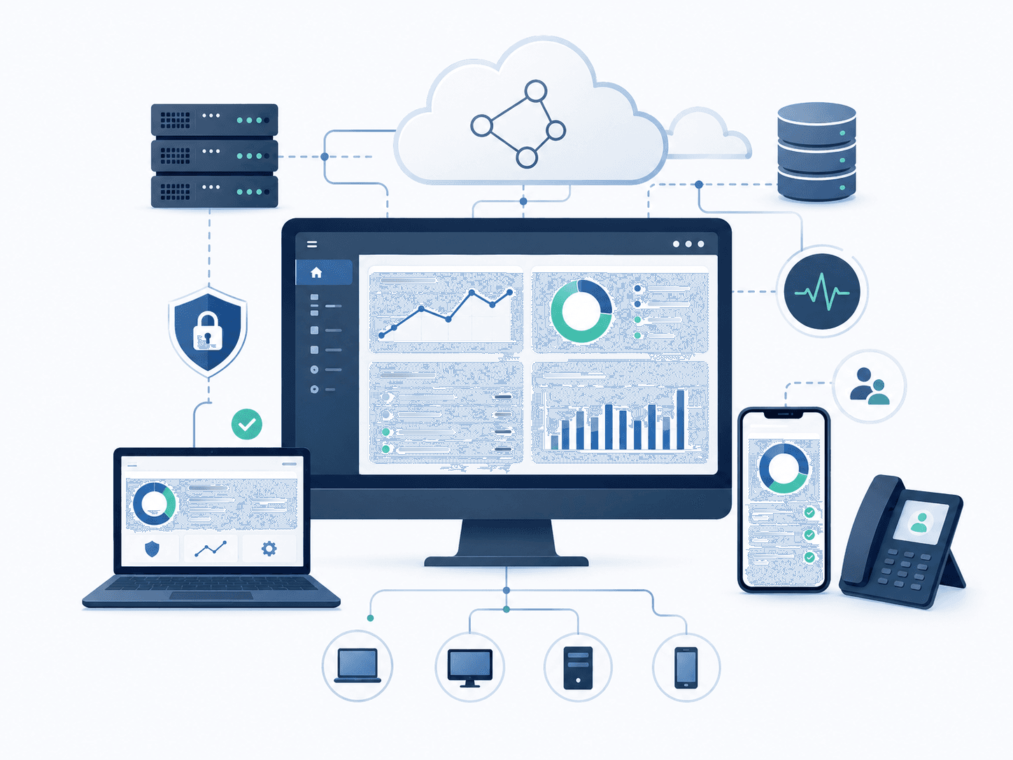 Abstract illustration of managed IT, cloud infrastructure, dashboards, and connected devices.